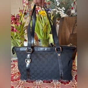 Gucci Black GG Monogram Shoulder Bag with Leather Trim